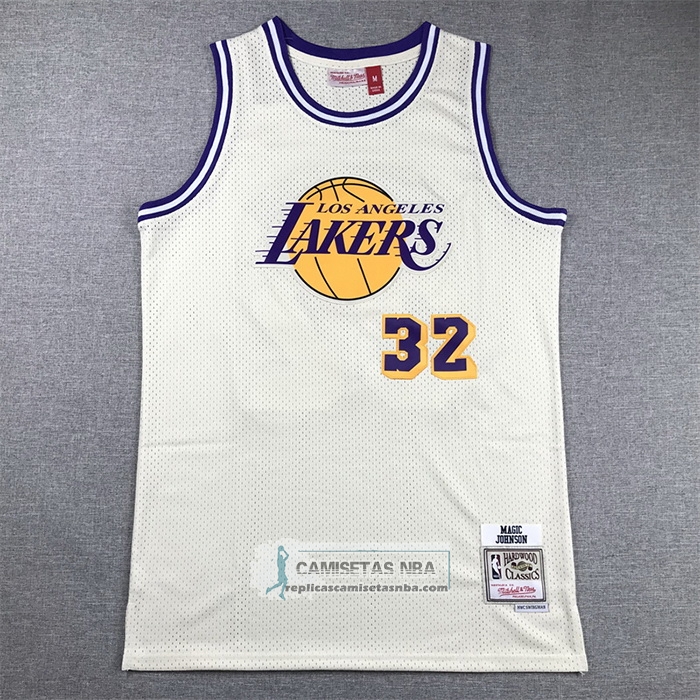 Camiseta Los Angeles Lakers Magic Johnson NO 32 Mitchell & Ness Chainstitch Crema
